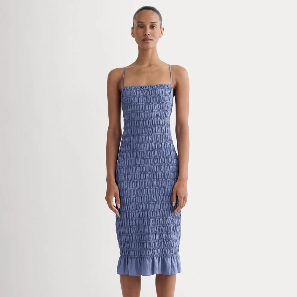 NWT Everlane Periwinkle Blue Smocked Midi Dress with Ruffle Hem